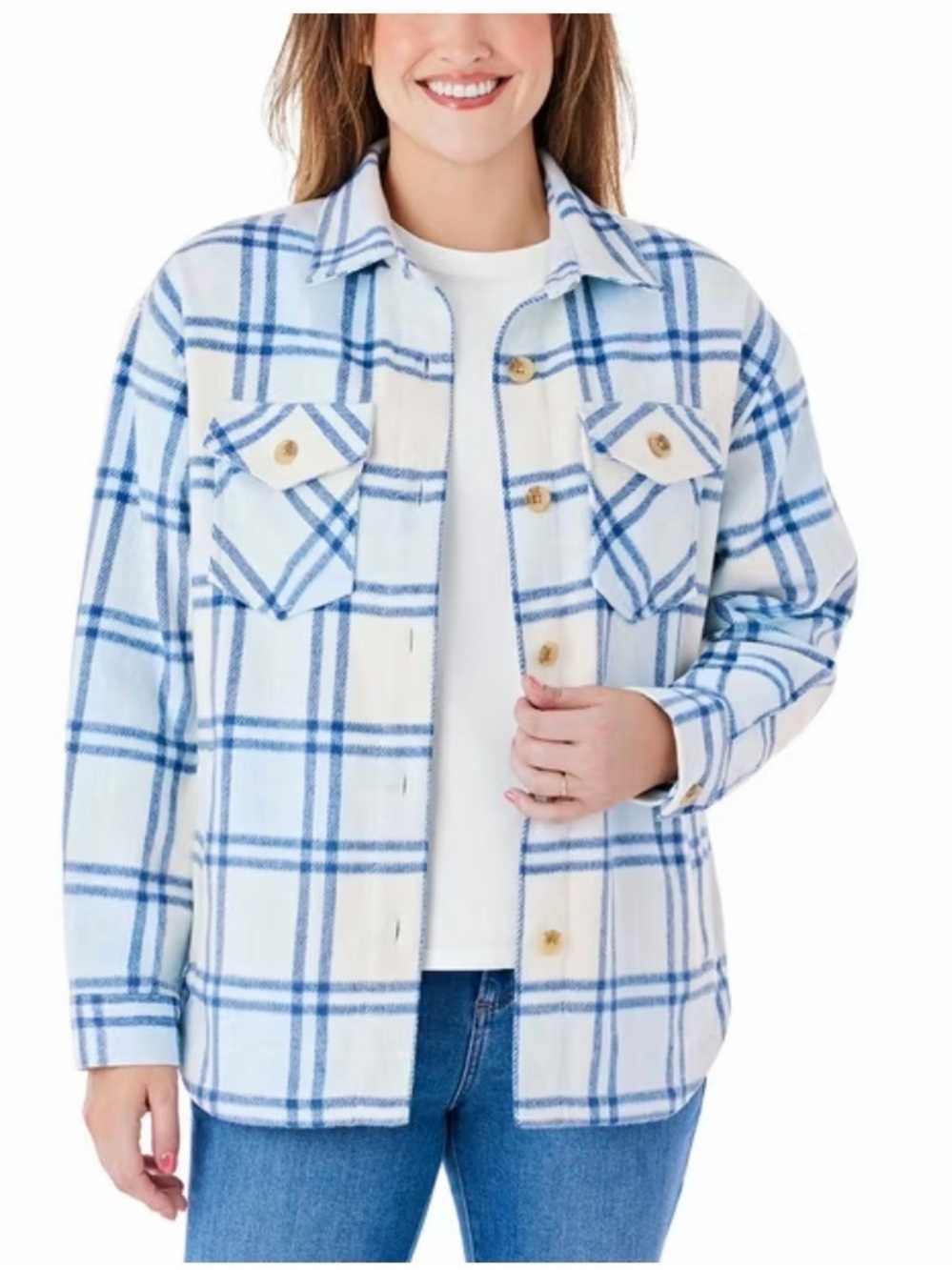 Member's Mark Womens Blue White Plaid Shirt Jacket Shacket Size M